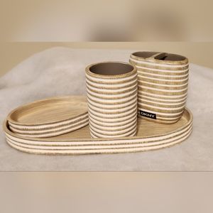 DKNY Striped Beige and White Bathroom Accessory Set (4 PIECE SET).
